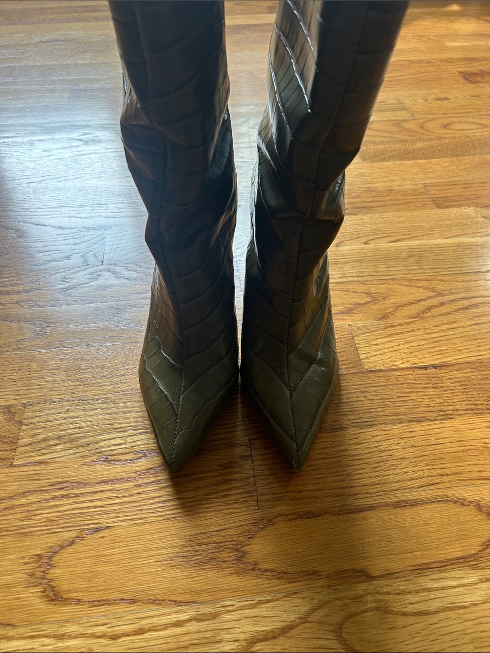 SCHUTZ Olive Croc-Embossed Knee-High Stiletto Boots - Picture 5 of 7